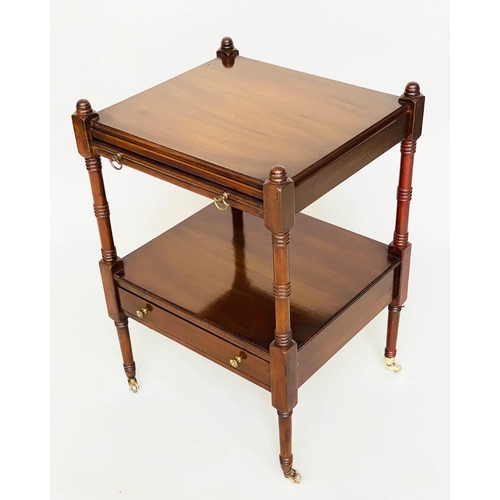 124 - LAMP TABLES, a pair, George III design figured mahogany each with slide and under tierdrawer, 45cm W... 