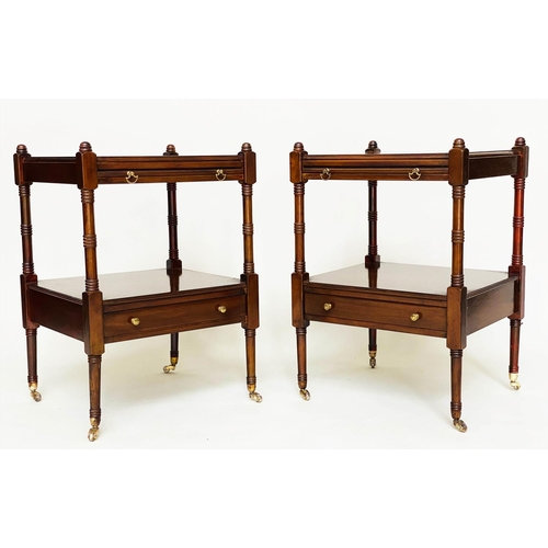 124 - LAMP TABLES, a pair, George III design figured mahogany each with slide and under tierdrawer, 45cm W... 