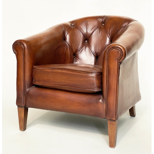 125 - TUB ARMCHAIR BY THOMAS LLOYD, buttoned tan leather with arched back and rounded arms, 78cm W.