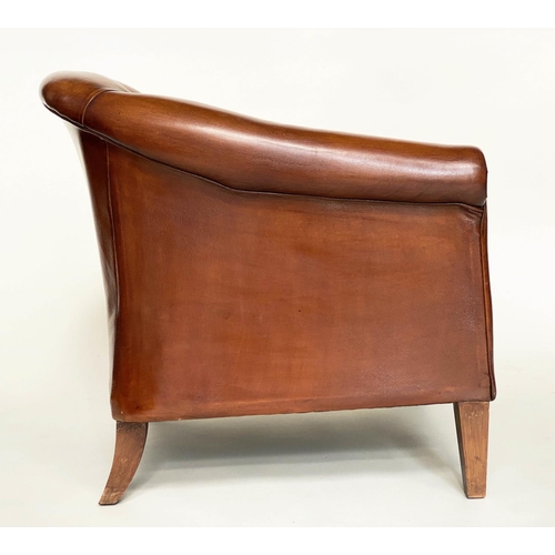 125 - TUB ARMCHAIR BY THOMAS LLOYD, buttoned tan leather with arched back and rounded arms, 78cm W.