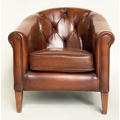 125 - TUB ARMCHAIR BY THOMAS LLOYD, buttoned tan leather with arched back and rounded arms, 78cm W.