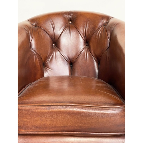 125 - TUB ARMCHAIR BY THOMAS LLOYD, buttoned tan leather with arched back and rounded arms, 78cm W.