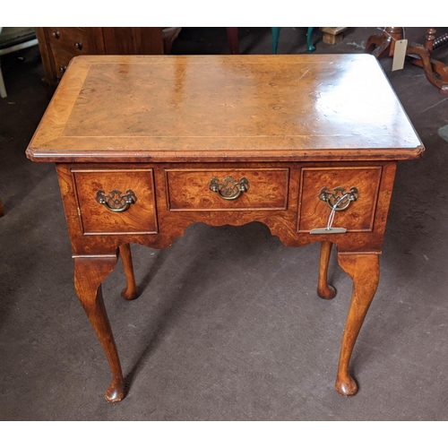 142 - QUEEN ANNE STYLE LOWBOY, burr elm, fitted with three drawers, raised on cabriole legs, 70cm H x 69cm... 