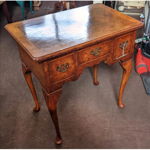 142 - QUEEN ANNE STYLE LOWBOY, burr elm, fitted with three drawers, raised on cabriole legs, 70cm H x 69cm... 