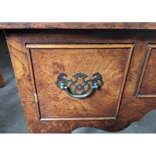 142 - QUEEN ANNE STYLE LOWBOY, burr elm, fitted with three drawers, raised on cabriole legs, 70cm H x 69cm... 