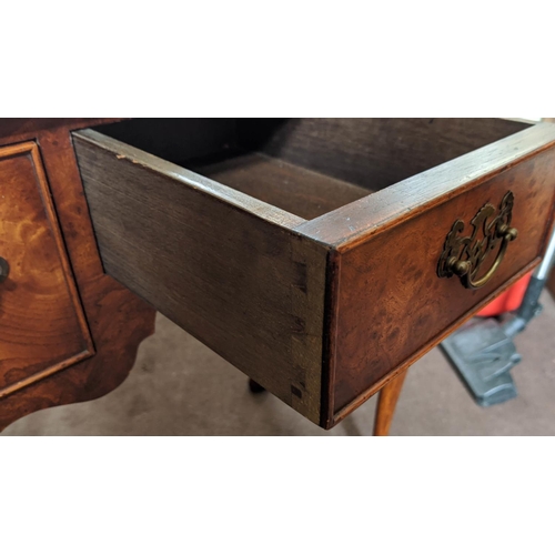 142 - QUEEN ANNE STYLE LOWBOY, burr elm, fitted with three drawers, raised on cabriole legs, 70cm H x 69cm... 