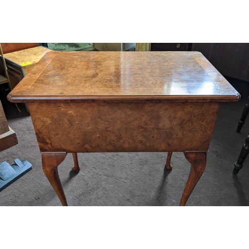 142 - QUEEN ANNE STYLE LOWBOY, burr elm, fitted with three drawers, raised on cabriole legs, 70cm H x 69cm... 