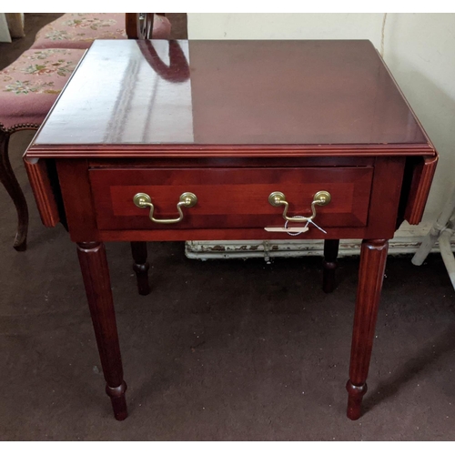 144 - PEMBROKE TABLE, Regency style, mahogany finish, fitted with a single drawer, turned supports, 61cm H... 