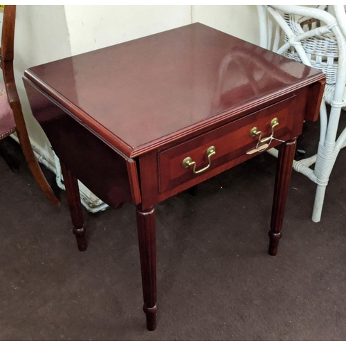 144 - PEMBROKE TABLE, Regency style, mahogany finish, fitted with a single drawer, turned supports, 61cm H... 