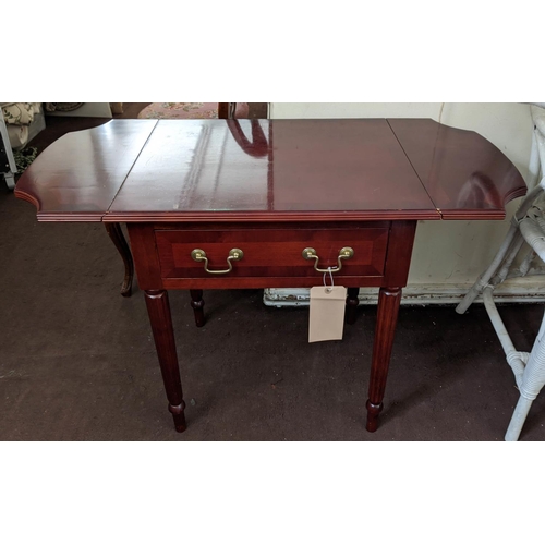 144 - PEMBROKE TABLE, Regency style, mahogany finish, fitted with a single drawer, turned supports, 61cm H... 