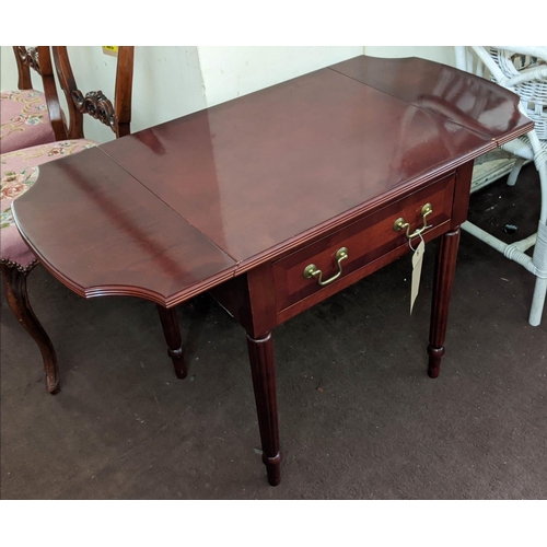 144 - PEMBROKE TABLE, Regency style, mahogany finish, fitted with a single drawer, turned supports, 61cm H... 