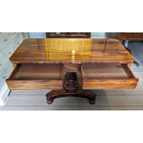 146 - PEDESTAL WRITING TABLE, early Victorian, goncalo alves, fitted with two drawers, barrel turned colum... 