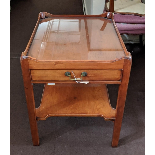 147 - ARTHUR BRETT STYLE OCCASIONAL TABLES, a pair, cherrywood of two tier form, each with a single drawer... 