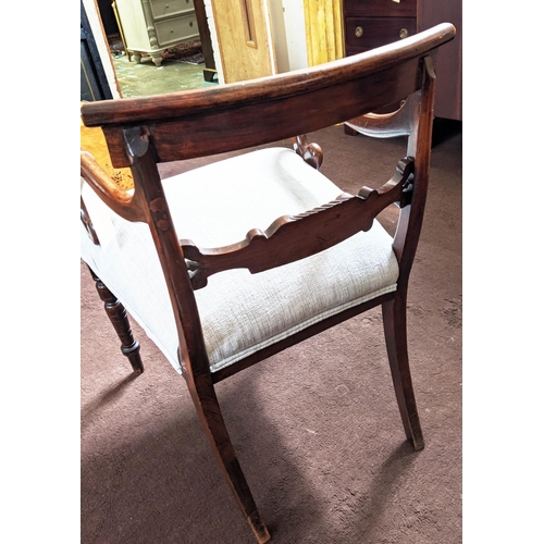 153 - WORK TABLE AND OPEN ARMCHAIR, the Victorian work table, walnut veneered with ebonised and marquetry ... 