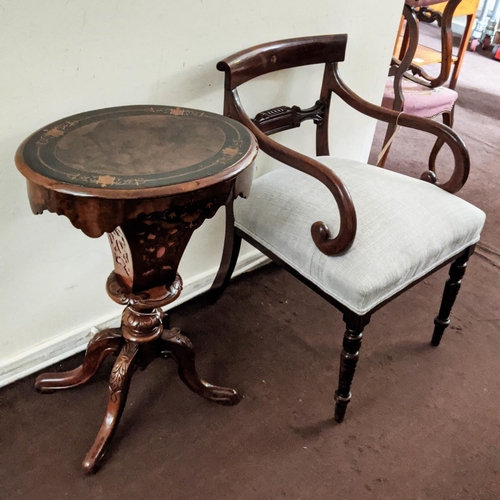 153 - WORK TABLE AND OPEN ARMCHAIR, the Victorian work table, walnut veneered with ebonised and marquetry ... 