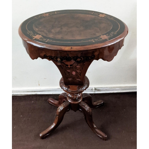 153 - WORK TABLE AND OPEN ARMCHAIR, the Victorian work table, walnut veneered with ebonised and marquetry ... 