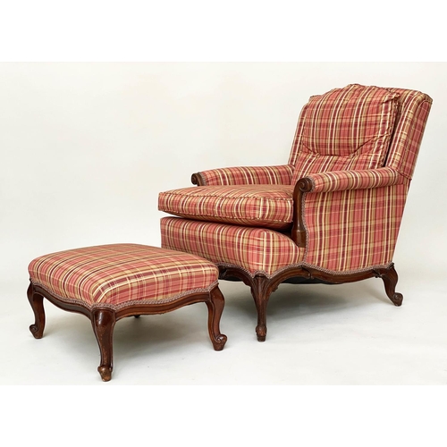 161 - ARMCHAIR, Louis XV style mahogany newly reupholstered, with scroll arms and shaped supports (with fo... 