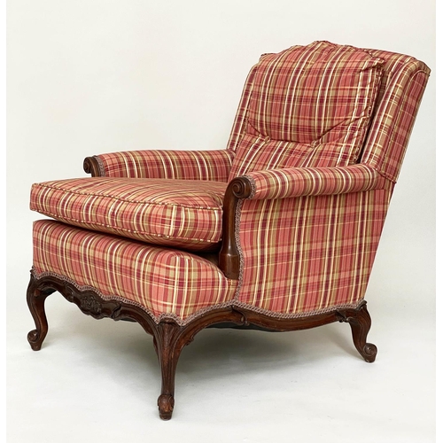 161 - ARMCHAIR, Louis XV style mahogany newly reupholstered, with scroll arms and shaped supports (with fo... 