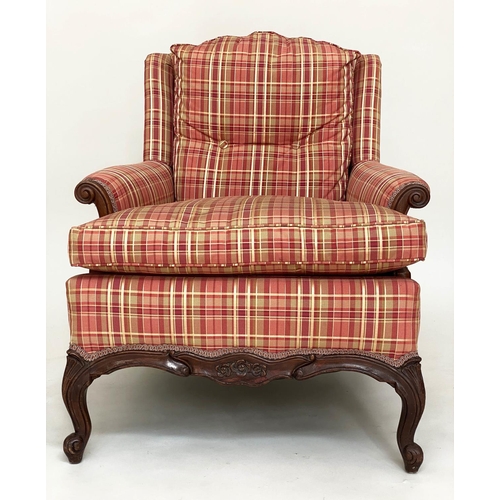 161 - ARMCHAIR, Louis XV style mahogany newly reupholstered, with scroll arms and shaped supports (with fo... 