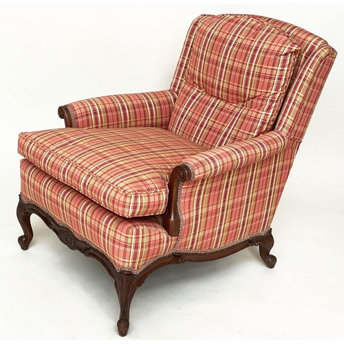 161 - ARMCHAIR, Louis XV style mahogany newly reupholstered, with scroll arms and shaped supports (with fo... 