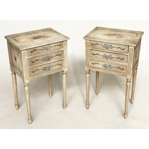 162 - BEDSIDE CHESTS, a pair, French Louis XVI style craquelure grey with hand painted floral ribbon decor... 