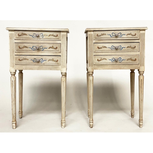 162 - BEDSIDE CHESTS, a pair, French Louis XVI style craquelure grey with hand painted floral ribbon decor... 