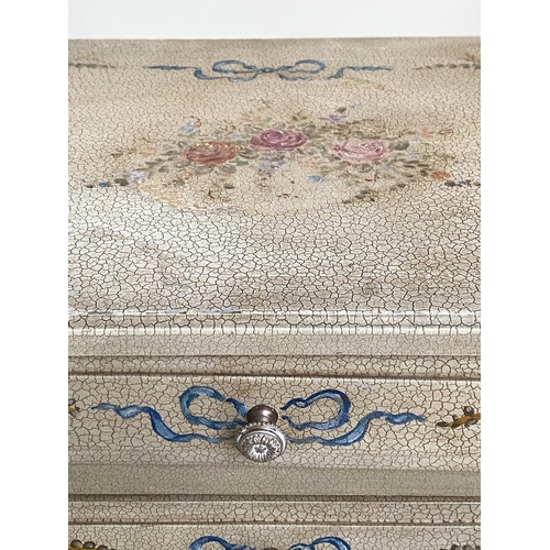 162 - BEDSIDE CHESTS, a pair, French Louis XVI style craquelure grey with hand painted floral ribbon decor... 