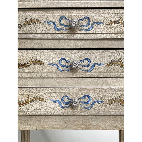 162 - BEDSIDE CHESTS, a pair, French Louis XVI style craquelure grey with hand painted floral ribbon decor... 