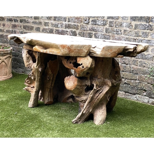 165 - GARDEN 'ROOT' TABLE, well weathered tree section with raw edge and knarled root base, 136cm W x 66cm... 