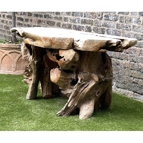 165 - GARDEN 'ROOT' TABLE, well weathered tree section with raw edge and knarled root base, 136cm W x 66cm... 