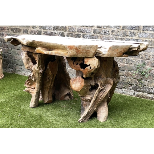 165 - GARDEN 'ROOT' TABLE, well weathered tree section with raw edge and knarled root base, 136cm W x 66cm... 