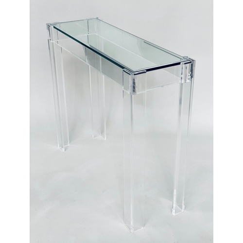 169 - LUCITE CONSOLE TABLE, contemporary rectangular glazed with lucite supports, 87cm W x 30cm D x 76cm H... 