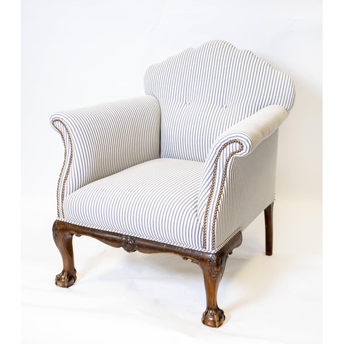 185 - ARMCHAIR, 93cm H x 88cm W, Georgian revival in ticking upholstery.