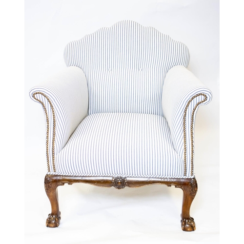 185 - ARMCHAIR, 93cm H x 88cm W, Georgian revival in ticking upholstery.