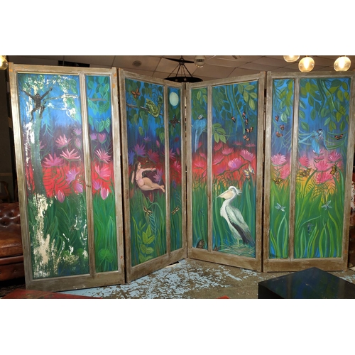 24 - BLOOMSBURY MANNER FOURFOLD SCREEN, signed 'Diana Lamb', 201cm x 91.5cm, (each panel) 210cm x 366cm o... 