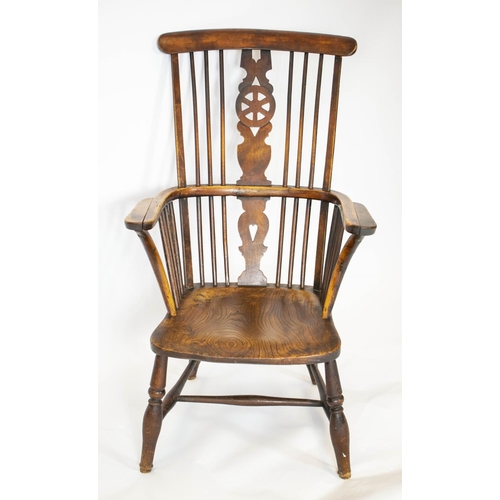 246 - WINDSOR ARMCHAIR, 103cm H x 61c m W, Victorian elm and birch, with wheel splat.