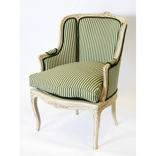 248 - BERGERE, 91cm H x 66cm W, Louis XV style, white painted with cushion seat in green striped material.