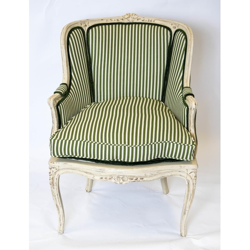 248 - BERGERE, 91cm H x 66cm W, Louis XV style, white painted with cushion seat in green striped material.