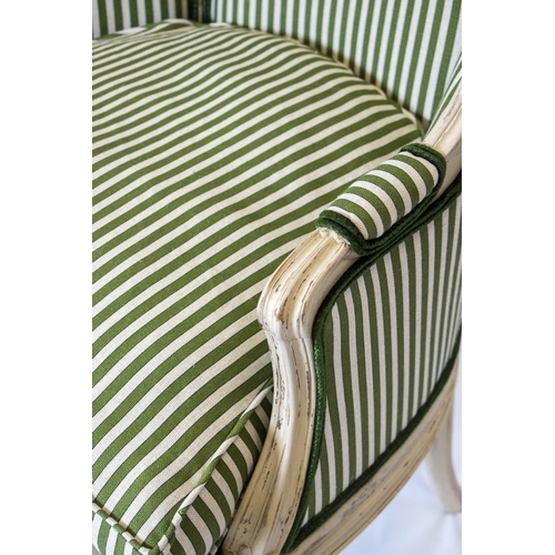 248 - BERGERE, 91cm H x 66cm W, Louis XV style, white painted with cushion seat in green striped material.