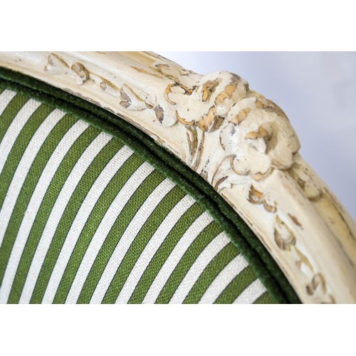 248 - BERGERE, 91cm H x 66cm W, Louis XV style, white painted with cushion seat in green striped material.