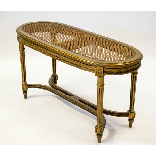 255 - STOOL, 50cm H x 101cm W x 40cm D, circa 1900, French giltwood and caned.