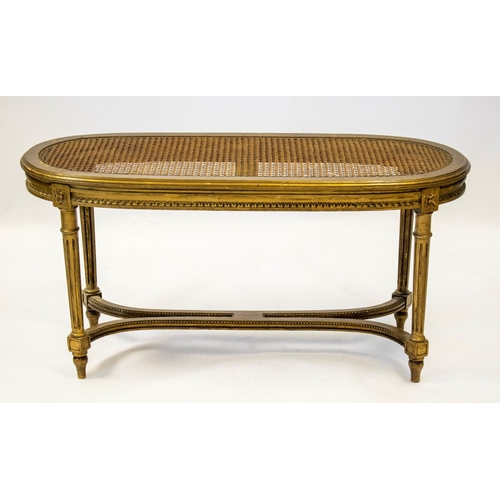 255 - STOOL, 50cm H x 101cm W x 40cm D, circa 1900, French giltwood and caned.