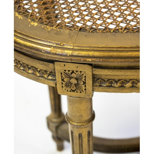 255 - STOOL, 50cm H x 101cm W x 40cm D, circa 1900, French giltwood and caned.