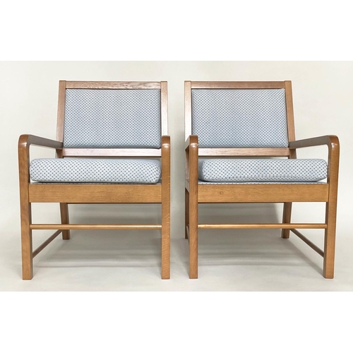 286 - ARMCHAIRS BY SOANE BRITAIN, a pair, oak framed with blue weave upholstery and downswept arms, 57cm W... 