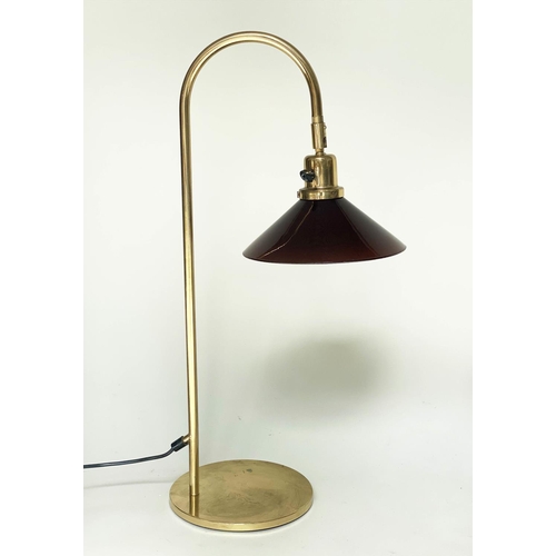 288 - DESK LAMPS, a pair, arched tubular brass with circular bases and conical glass shades, 70cm H. (2)