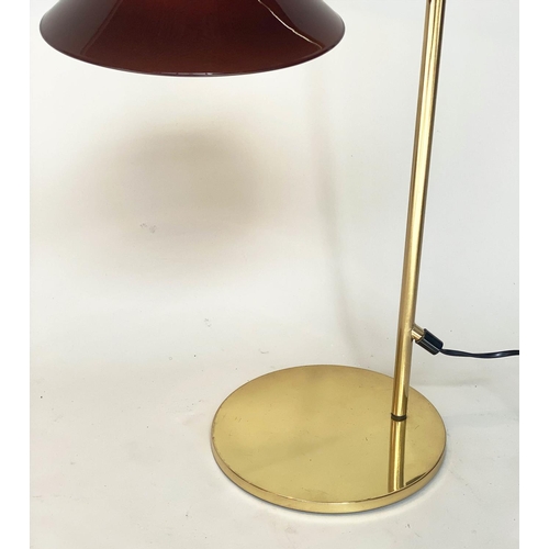 288 - DESK LAMPS, a pair, arched tubular brass with circular bases and conical glass shades, 70cm H. (2)