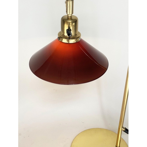 288 - DESK LAMPS, a pair, arched tubular brass with circular bases and conical glass shades, 70cm H. (2)