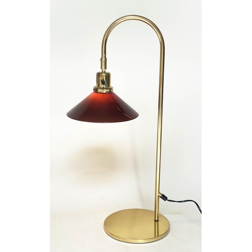 288 - DESK LAMPS, a pair, arched tubular brass with circular bases and conical glass shades, 70cm H. (2)