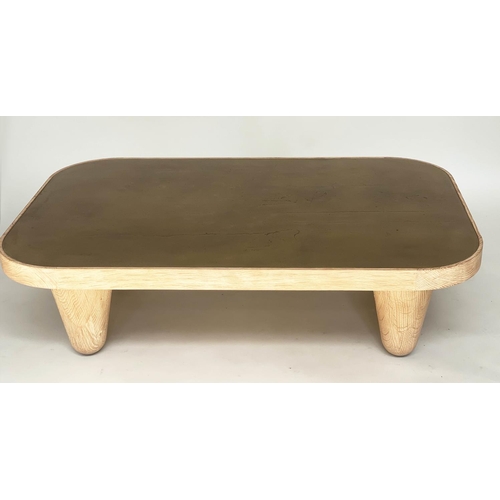 290 - JULIAN CHICHESTR COFFEE TABLE, brass rounded rectangular and bleached oak, 130cm W x 38cm H x 84cm D... 