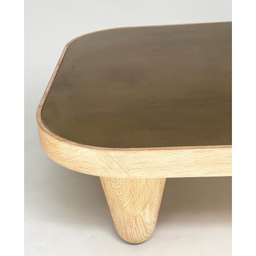 290 - JULIAN CHICHESTR COFFEE TABLE, brass rounded rectangular and bleached oak, 130cm W x 38cm H x 84cm D... 